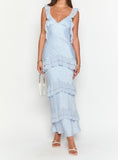 Ndyad Grey Blue V-neck Chiffon Sheath Party Dress Formal Evening Gowns HZ1024