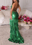 Ndyad Green Spaghetti Straps Sheath Satin Long Prom Dresses Formal Evening Gowns with Slits HZ1024