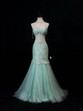 Ndyad Tiffany Blue Sweetheart Neck Mermaid Tulle Long Prom Dresses Formal Evening Gowns with Lace Appliques HZ1024