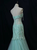 Ndyad Tiffany Blue Sweetheart Neck Mermaid Tulle Long Prom Dresses Formal Evening Gowns with Lace Appliques HZ1024