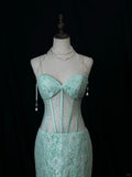 Ndyad Tiffany Blue Sweetheart Neck Mermaid Tulle Long Prom Dresses Formal Evening Gowns with Lace Appliques HZ1024