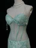 Ndyad Tiffany Blue Sweetheart Neck Mermaid Tulle Long Prom Dresses Formal Evening Gowns with Lace Appliques HZ1024