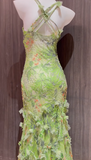 Ndyad Green Spaghetti Straps Printed Chiffon Mermaid Beading Long Prom Dresses Vintage Evening Gowns HZ1024
