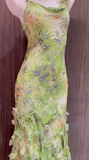 Ndyad Green Spaghetti Straps Printed Chiffon Mermaid Beading Long Prom Dresses Vintage Evening Gowns HZ1024