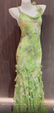 Ndyad Green Spaghetti Straps Printed Chiffon Mermaid Beading Long Prom Dresses Vintage Evening Gowns HZ1024