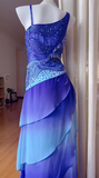Ndyad Blue Gradient Asymmetric Neck Sheath Chiffon Beaded Long Prom Dresses Vintage Evening Gowns HZ1024