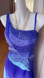Ndyad Blue Gradient Asymmetric Neck Sheath Chiffon Beaded Long Prom Dresses Vintage Evening Gowns HZ1024