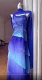 Ndyad Blue Gradient Asymmetric Neck Sheath Chiffon Beaded Long Prom Dresses Vintage Evening Gowns HZ1024