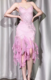 Ndyad Pink Spaghetti Straps Sheath Chiffon Beaded Short Prom Dresses Vintage Evening Gowns HZ1024