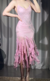 Ndyad Pink Spaghetti Straps Sheath Chiffon Beaded Short Prom Dresses Vintage Evening Gowns HZ1024