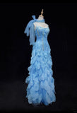 Ndyad Blue Spaghetti Straps Sheath Chiffon Beaded Long Prom Dresses Sweet Birthday Evening Gowns HZ1024