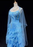 Ndyad Blue Spaghetti Straps Sheath Chiffon Beaded Long Prom Dresses Sweet Birthday Evening Gowns HZ1024