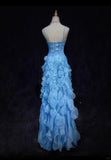 Ndyad Blue Spaghetti Straps Sheath Chiffon Beaded Long Prom Dresses Sweet Birthday Evening Gowns HZ1024