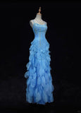 Ndyad Blue Spaghetti Straps Sheath Chiffon Beaded Long Prom Dresses Sweet Birthday Evening Gowns HZ1024
