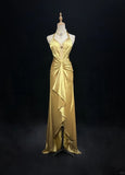 Ndyad Yellow Halter Sheath Satin Long Prom Dresses Vintage Formal Evening Gowns HZ1024