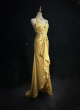 Ndyad Yellow Halter Sheath Satin Long Prom Dresses Vintage Formal Evening Gowns HZ1024