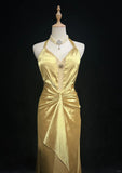 Ndyad Yellow Halter Sheath Satin Long Prom Dresses Vintage Formal Evening Gowns HZ1024