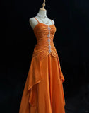 Ndyad Orange Spaghetti Straps A-Line Satin Long Prom Dresses Formal Evening Gowns with Pleats HZ1024