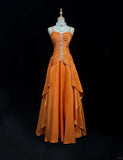 Ndyad Orange Spaghetti Straps A-Line Satin Long Prom Dresses Formal Evening Gowns with Pleats HZ1024