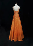 Ndyad Orange Spaghetti Straps A-Line Satin Long Prom Dresses Formal Evening Gowns with Pleats HZ1024