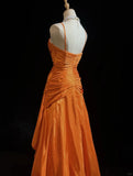 Ndyad Orange Spaghetti Straps A-Line Satin Long Prom Dresses Formal Evening Gowns with Pleats HZ1024