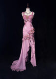 Ndyad Mauve Square Neck Mermaid Chiffon Applique Long Prom Dresses Vintage Formal Evening Gowns HZ1024