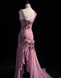 Ndyad Mauve Square Neck Mermaid Chiffon Applique Long Prom Dresses Vintage Formal Evening Gowns HZ1024