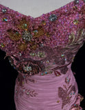Ndyad Mauve Square Neck Mermaid Chiffon Applique Long Prom Dresses Vintage Formal Evening Gowns HZ1024