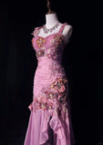 Ndyad Mauve Square Neck Mermaid Chiffon Applique Long Prom Dresses Vintage Formal Evening Gowns HZ1024