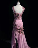 Ndyad Mauve Square Neck Mermaid Chiffon Applique Long Prom Dresses Vintage Formal Evening Gowns HZ1024