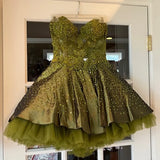 Ndyad Dark Olive Green Sweetheart Neck A-Line Satin Tulle Short Prom Dresses Homecoming Dresses HZ1024
