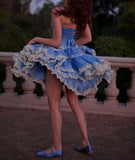 Ndyad Blue Strapless A-Line Satin Lace Short Prom Dress Homecoming Dress HZ1024