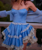 Ndyad Blue Strapless A-Line Satin Lace Short Prom Dress Homecoming Dress HZ1024