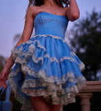 Ndyad Blue Strapless A-Line Satin Lace Short Prom Dress Homecoming Dress HZ1024