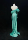 Ndyad Blue Satin Asymmetric Neck Mermaid Satin Long Prom Dress Formal Evening Gowns with Slits HZ1024