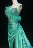 Ndyad Blue Satin Asymmetric Neck Mermaid Satin Long Prom Dress Formal Evening Gowns with Slits HZ1024