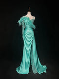 Ndyad Blue Satin Asymmetric Neck Mermaid Satin Long Prom Dress Formal Evening Gowns with Slits HZ1024