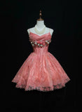 Ndyad Hot Pink Spaghetti Strap A-Line Tulle Satin Short Prom Dress Homecoming Dress with Beading HZ1024