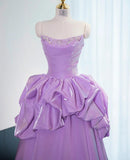 Ndyad Strapless Purple A-Line Satin Long Prom Dress Formal Evening Gowns HZ1024