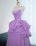 Ndyad Strapless Purple A-Line Satin Long Prom Dress Formal Evening Gowns HZ1024