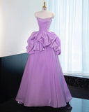 Ndyad Strapless Purple A-Line Satin Long Prom Dress Formal Evening Gowns HZ1024