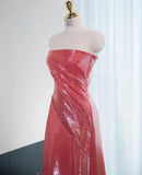 Ndyad Hot Pink Strapless A-Line Shiny Satin Long Prom Dress Formal Evening Gowns HZ1024