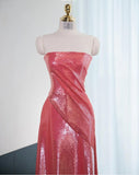 Ndyad Hot Pink Strapless A-Line Shiny Satin Long Prom Dress Formal Evening Gowns HZ1024