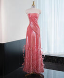 Ndyad Hot Pink Strapless A-Line Shiny Satin Long Prom Dress Formal Evening Gowns HZ1024