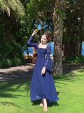 Ndyad Retro Blue Square Neck Puff Sleeve Chiffon Long Dress HZ1024