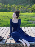 Ndyad Retro Blue Square Neck Puff Sleeve Chiffon Long Dress HZ1024