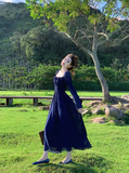 Ndyad Retro Blue Square Neck Puff Sleeve Chiffon Long Dress HZ1024