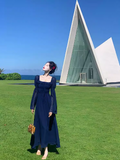 Ndyad Retro Blue Square Neck Puff Sleeve Chiffon Long Dress HZ1024