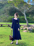 Ndyad Retro Blue Square Neck Puff Sleeve Chiffon Long Dress HZ1024