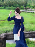 Evafashion Retro Blue Square Neck Puff Sleeve Chiffon Long Dress HZ1024